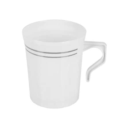Smarty Had A Party 8 oz. White with Silver Edge Rim Round Plastic Coffee Mugs (120 Mugs), 120PK 6934-WHS-CASE